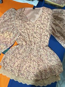 Floral Puff Sleeve Top with Lace Trim