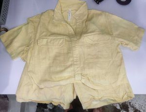 Soft Yellow Button-Up Crop shirt set with shorts