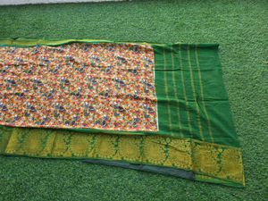 Vibrant Yellow Printed Saree with Green Border