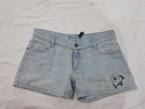 Light Wash Denim Shorts with Floral Embroidery