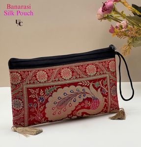 Banarasi Silk Peacock Clutch Pouch