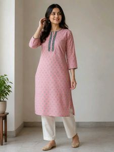 Pink Printed Kurta with Grey Neckline