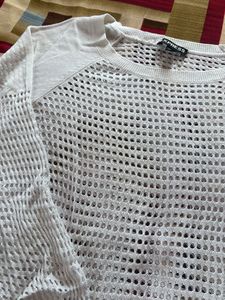White Mesh Knit Long Sleeve Top