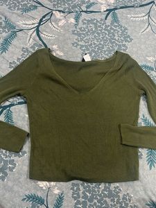 Olive Green V-Neck Ribbed Sweater