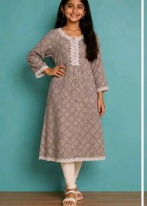 Elegant Grey Printed Kurti with Lace Detail Gown