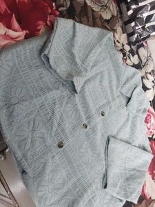 Light Blue Textured Button-Up Top