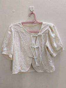 White Textured Cropped Blouse