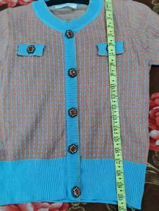 Chic Knit Top - Pink with Blue Trim