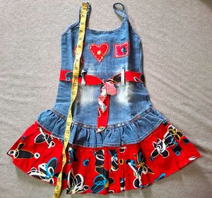Cute Denim Dress with Red Floral Skirt