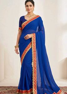 Beautiful Royal Blue Saree with Red &amp; Gold Border