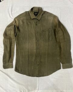 Olive Green Band Collar Linen Shirt
