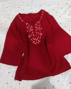 Red Embroidered Kurti with tie up detailing