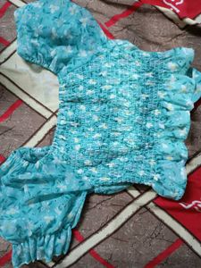 Blue Floral Puff Sleeve Tie-Front Top