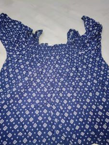Blue Off-Shoulder Diamond Print Top