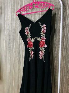 Black Embroidered V-Neck Dress