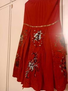 Red Ethnic skirt with Floral Handpaint