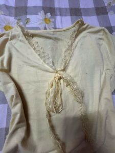 Light Yellow Lace Trim V-Neck Top