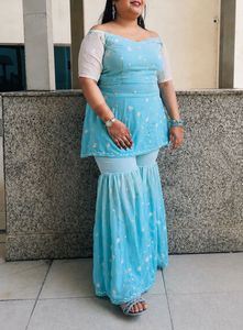 Sky Blue Embroidered Sharara Set
