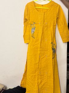 Yellow Kurta with Crane Embroidery