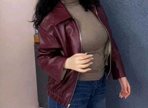 Burgundy Faux Leather Bomber Jacket