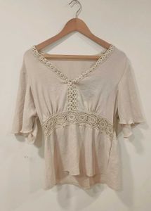 Boho Chic V-Neck Lace Trim Peplum Top – Beige
