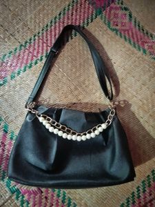 Elegant Black Satin Clutch with Pearls
