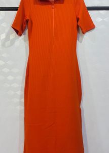 Bright Orange Ribbed Zip Polo Dress