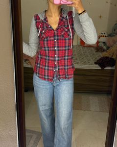 Red Plaid Flannel Hoodie Shirt