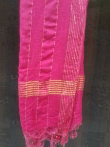 Vibrant Pink Dupatta with Gold Stripes