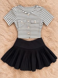 Striped Cropped Top & Pleated Skirt Set