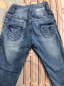 Blue Ribbed Jeans With Patchwork