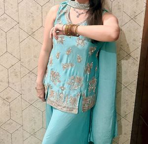 Turquoise Blue Embellished Festive Suit Set