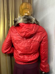 Red Puffer Jacket with Fur Trim