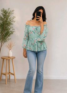 Mint Floral Off-Shoulder Chiffon Peplum Top