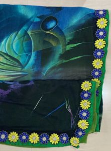 Floral Trim Green &amp; Blue Saree