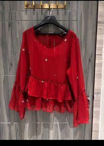 Red Peplum Blouse with Flared Sleeves