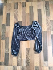 Velvet Puff Sleeve Crop Top