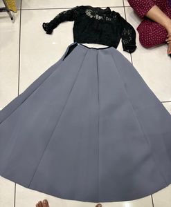 Elegant Lace Top & Grey Skirt Set