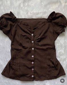 Brown Puff Sleeve Button-Up Top