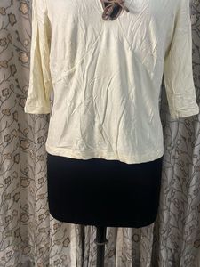 Cream 3/4 Sleeve Top with Tie Neck
