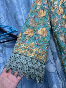 Kashmiri Embroidered Teal Kurta