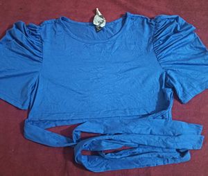 Blue Puff Sleeve Wrap Top