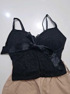 Chic Black Lace Top &amp; Tan Pants Set