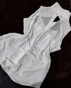 Sheer White Sleeveless Button-Up Top