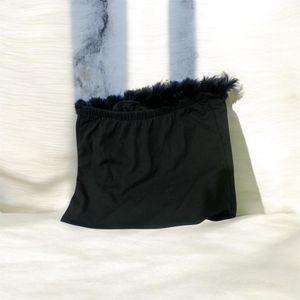 Black Fur Trimmed Graphic Tube Top