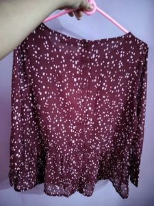 Quiero Maroon Ditsy Print Sheer peplum Top