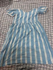 Blue Striped Pure cotton -Front Midi Dress