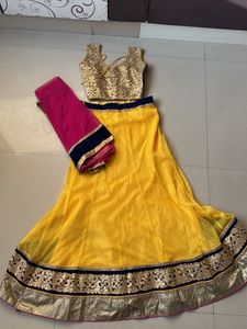 Yellow Lehenga Choli Set with Pink Dupatta