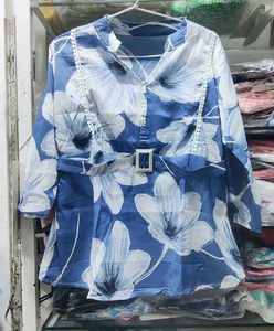 Blue Floral Print Belted Tunic Top