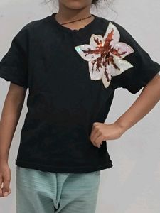 Black T-Shirt with Flower Applique